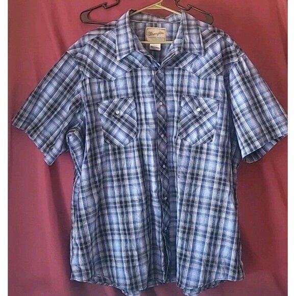 VINTAGE Wrangler Short Sleeve Pearl Snap Shirt Men's 3XL Blue Plaid Western - Picture 2 of 5